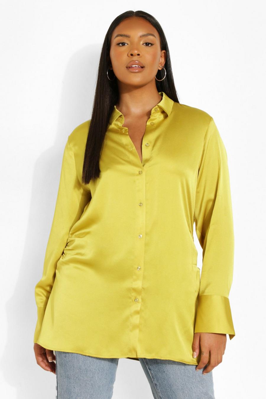 Camicia Plus Size in raso con ruches laterali, Chartreuse image number 1
