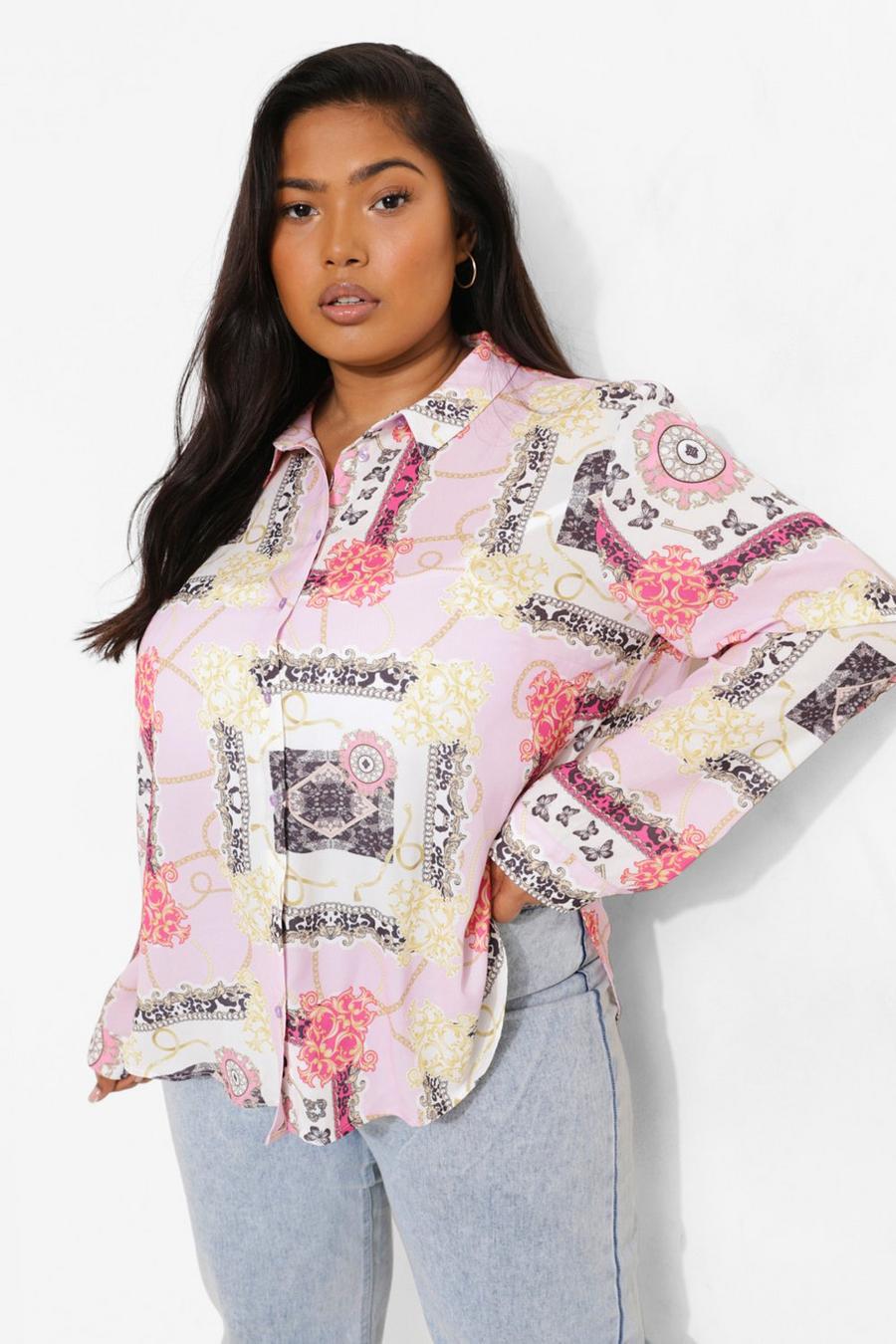 Hot pink Plus Scarf Print Oversized Shirt image number 1