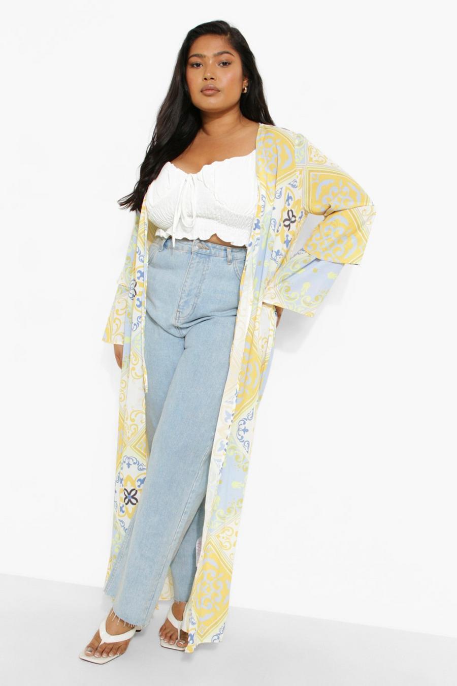 Grande taille - Kimono imprimé écharpe, Blue image number 1