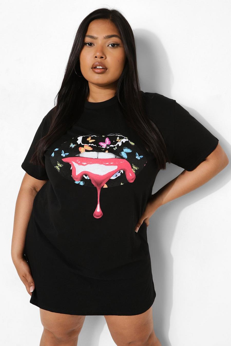 Black Plus Butterfly Lips Graphic T-Shirt Dress image number 1