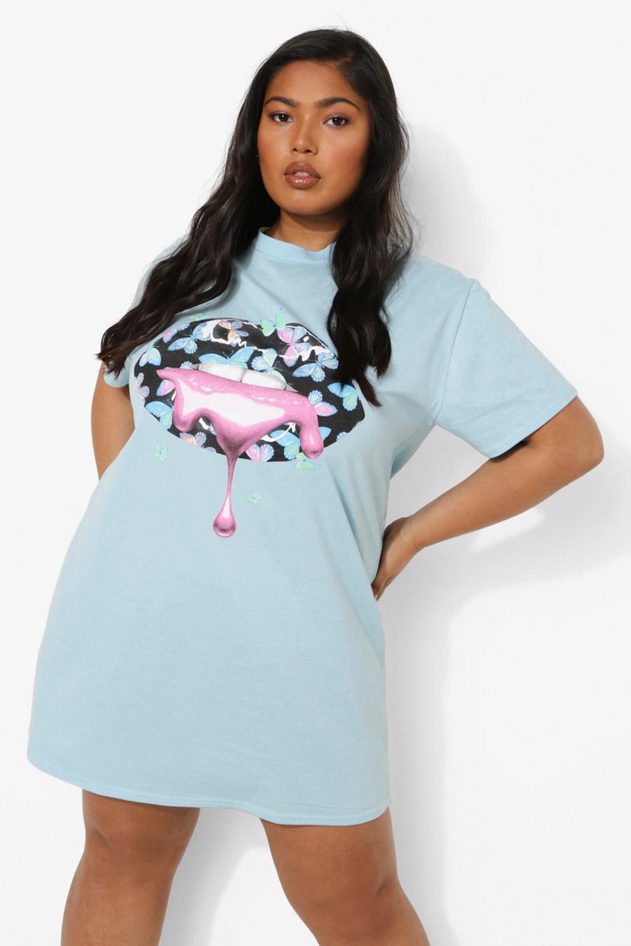 Blue Plus Butterfly Lips Graphic T-Shirt Dress image number 1
