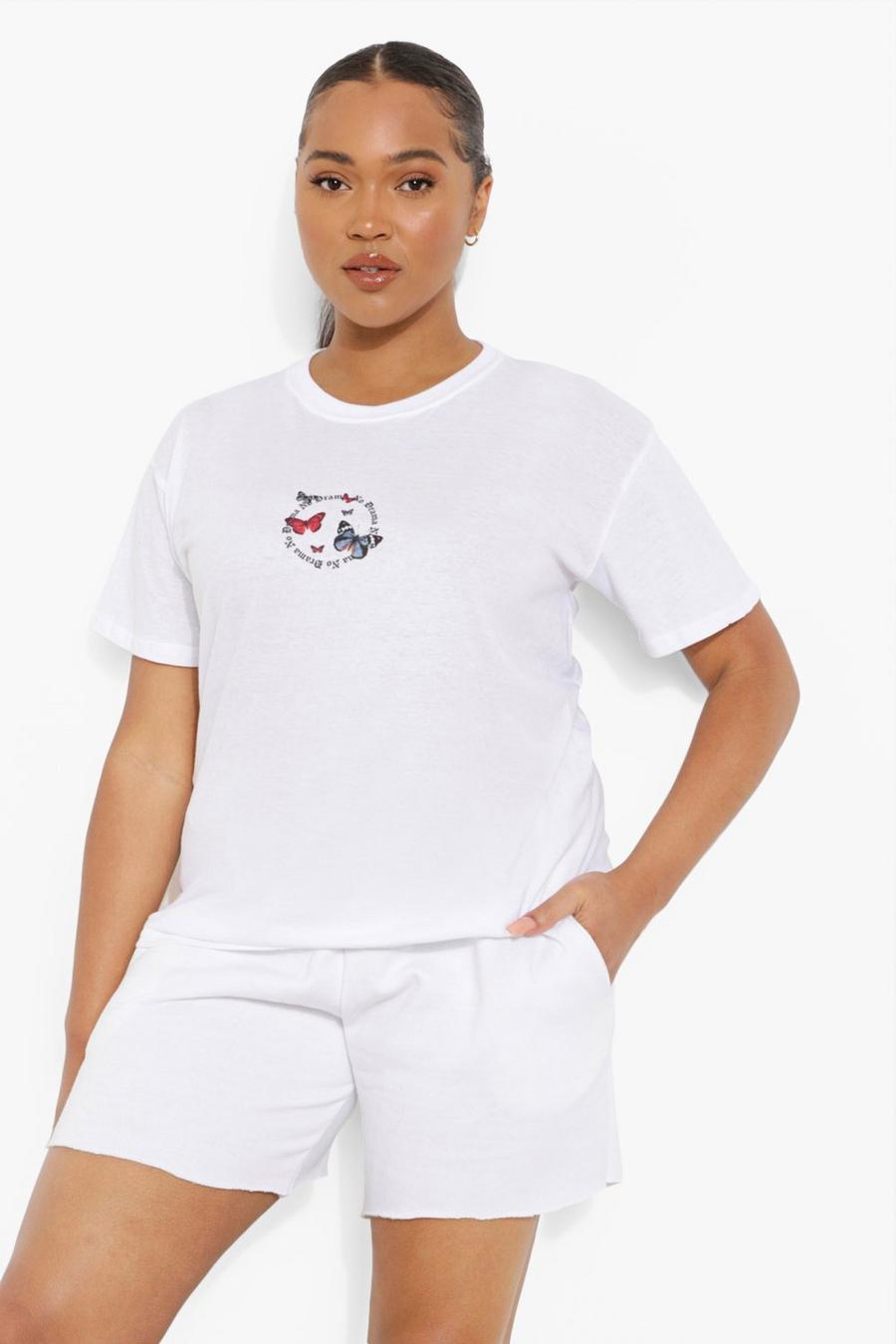 T-shirt con farfalle e scritta No Drama Plus, Bianco image number 1