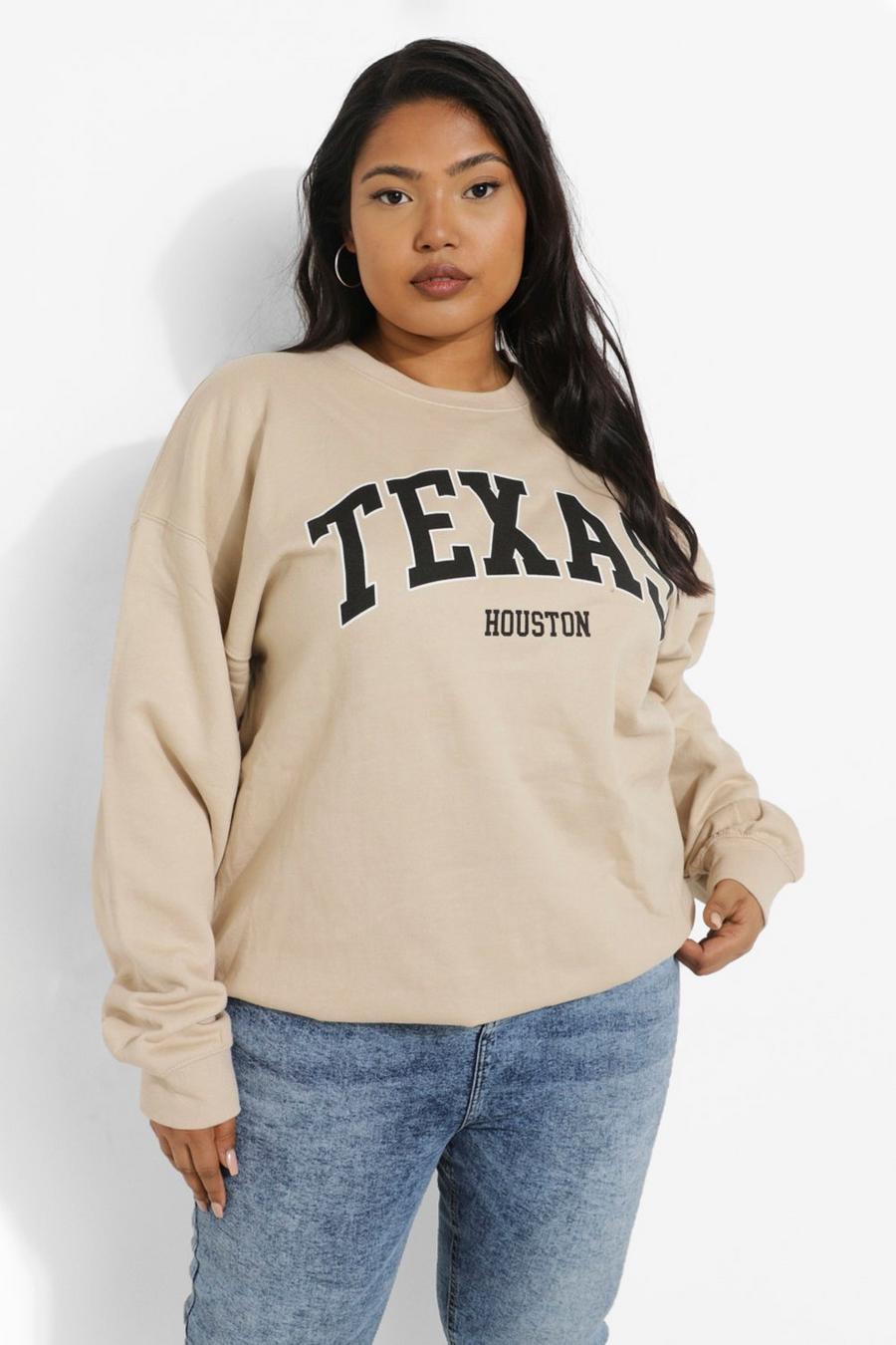 Plus Oversize Sweatshirt mit Texas-Slogan, Sand beige