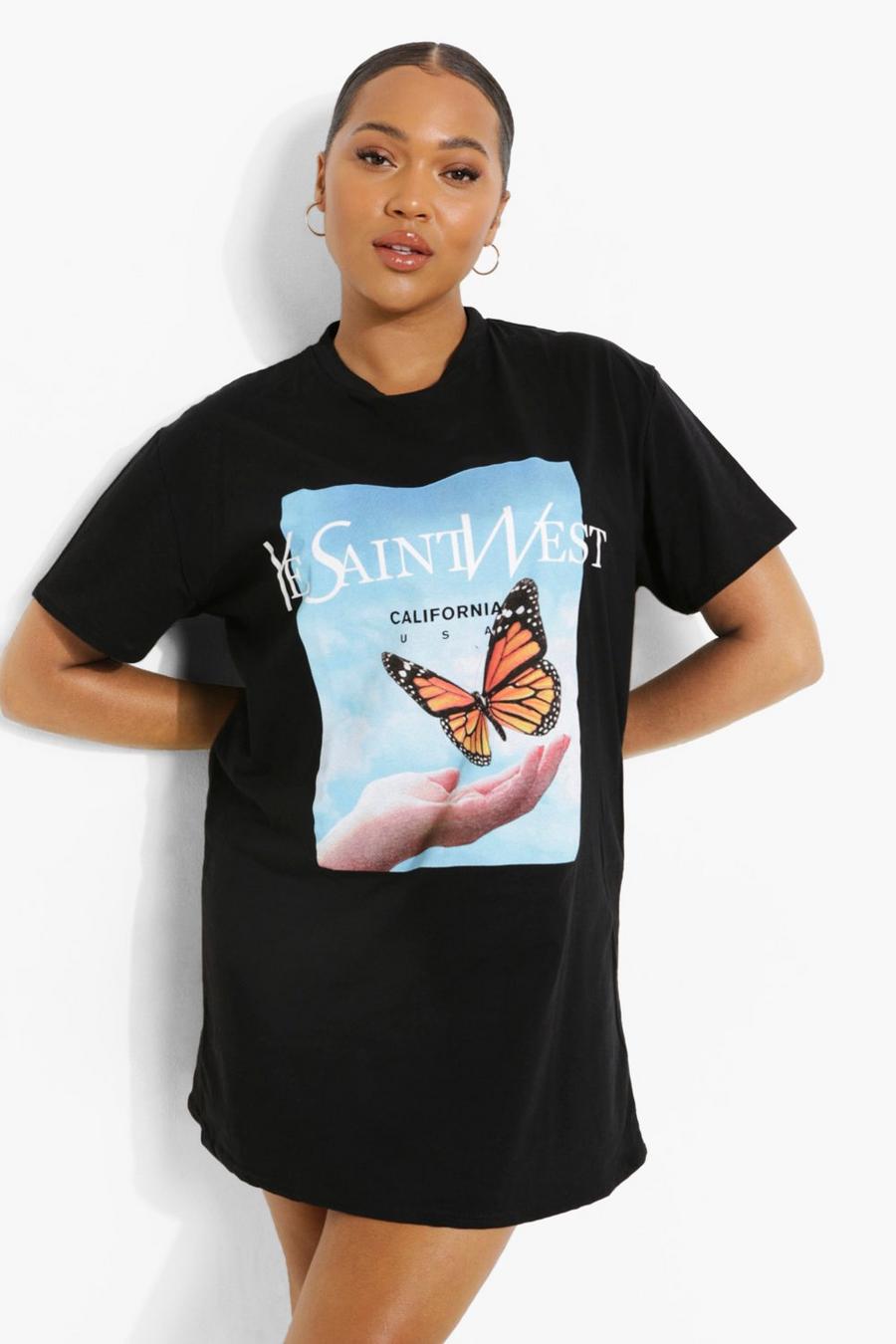 Plus T-Shirt-Kleid mit Ye Saint West Print, Black image number 1