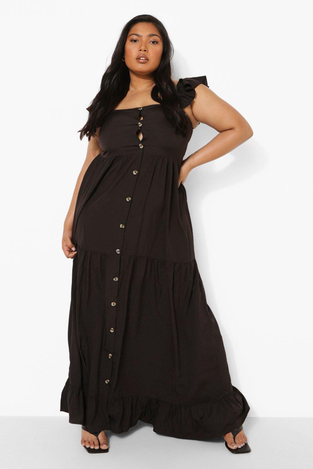 Plus Woven Ruffle Button Through Maxi Dress
