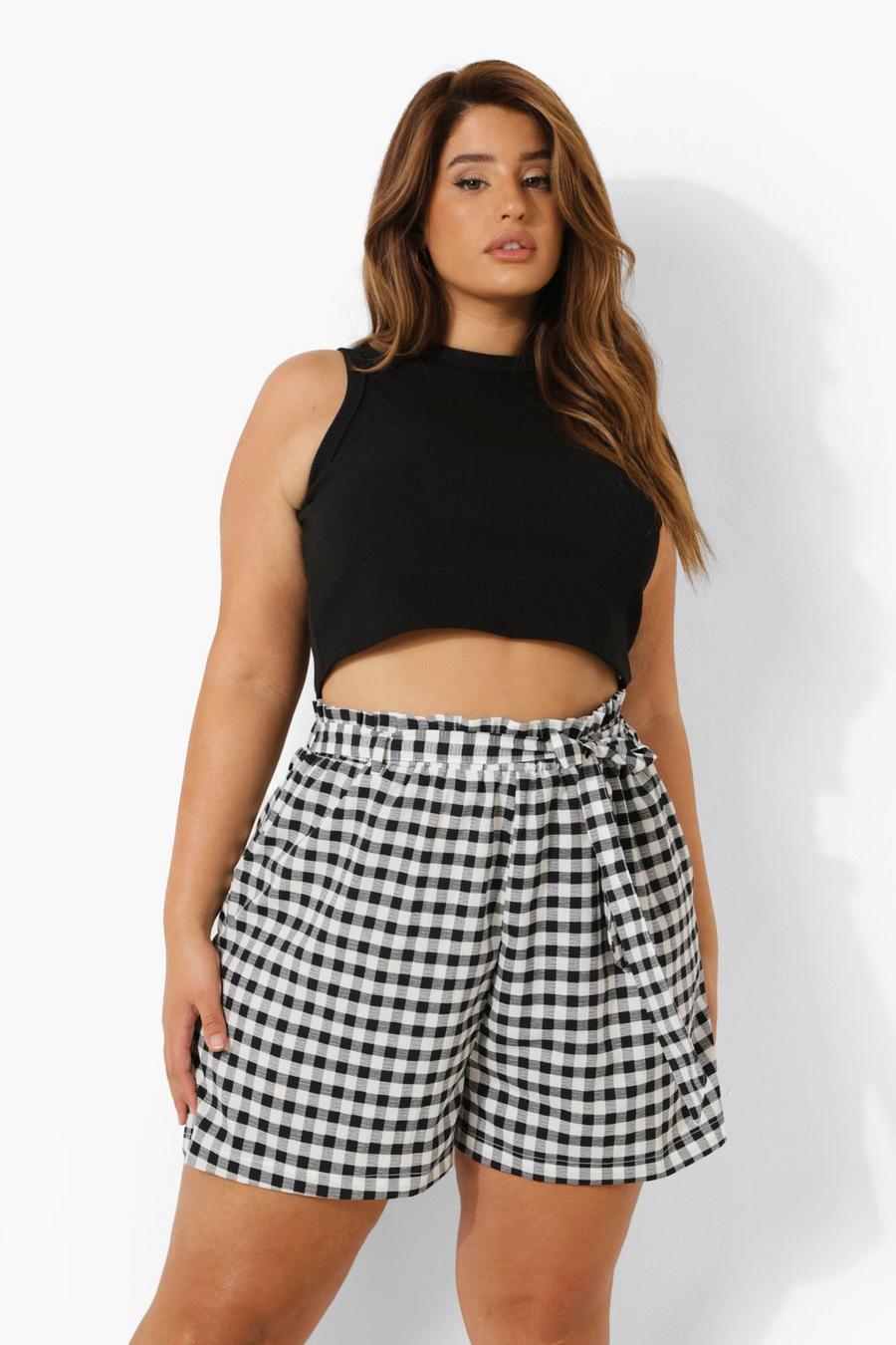 Black Plus Gingham Tailored Belted Shorts image number 1