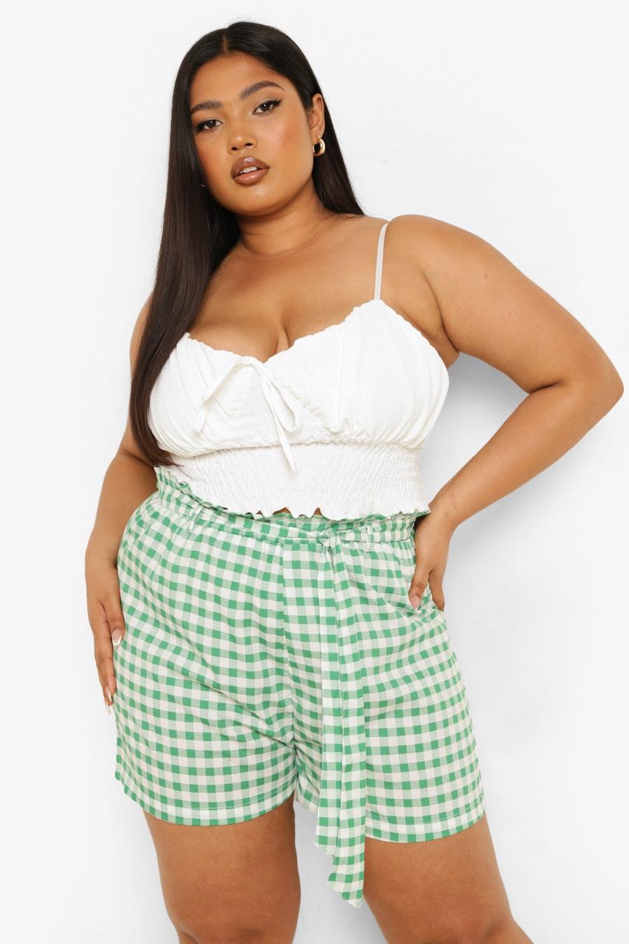 Light green Plus Gingham Tailored Belted Shorts image number 1