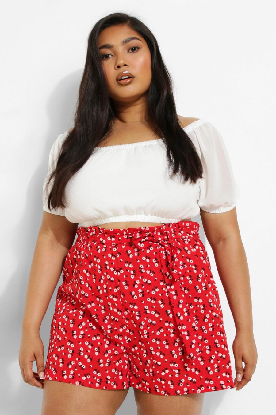 Red Plus Woven Ditsy Floral Tailored Belted Shorts image number 1