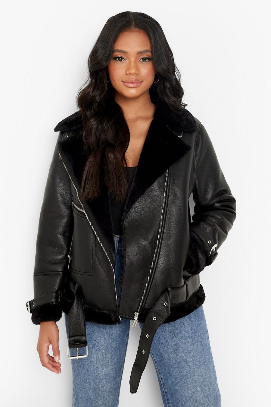 Black Petite Faux Leather Lined Aviator Jacket image number 1