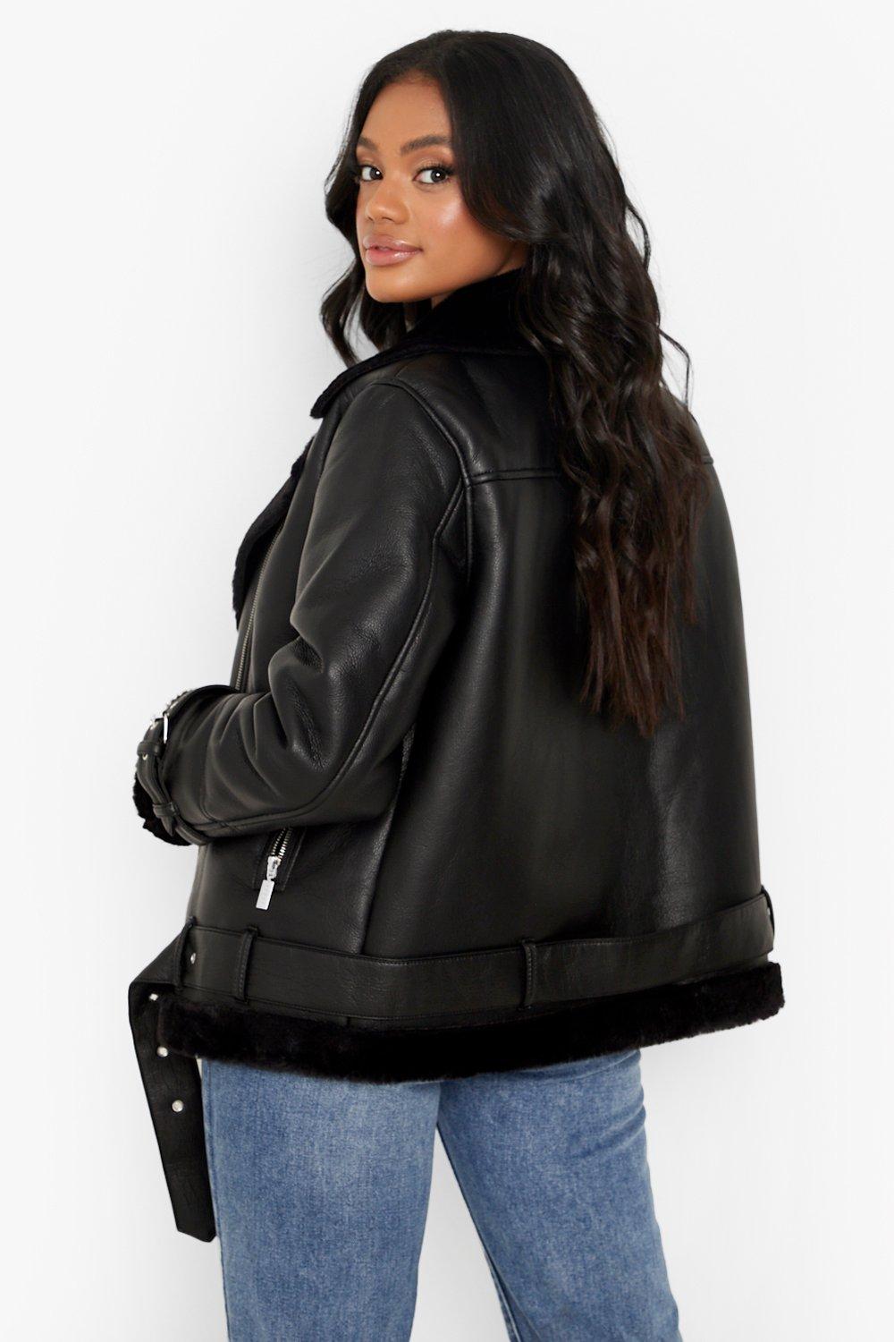 Petite Black Faux Leather Aviator Jacket