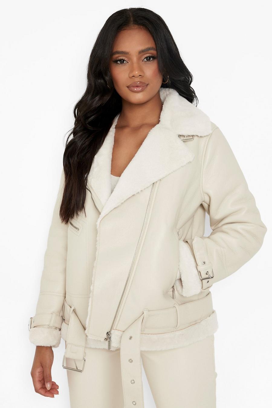 Cream Petite Faux Leather Lined Aviator Jacket image number 1