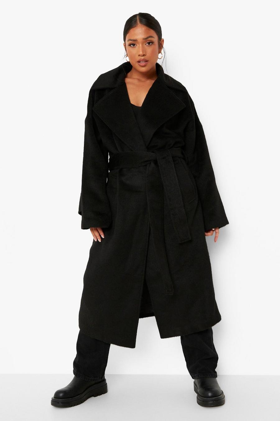 Black Petite Belted Wool Look Coat image number 1