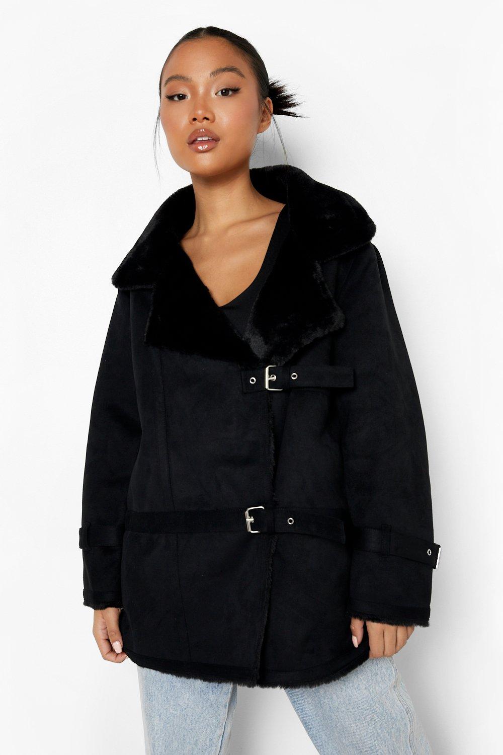 petite black faux fur lined aviator jacket