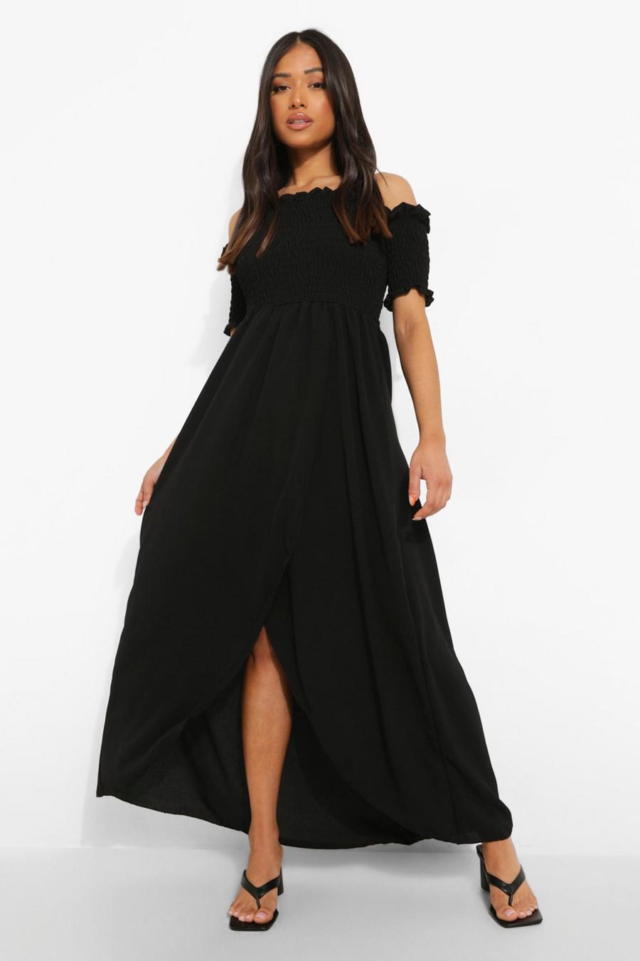 Black Petite Shirred Wrap Front Maxi Dress image number 1