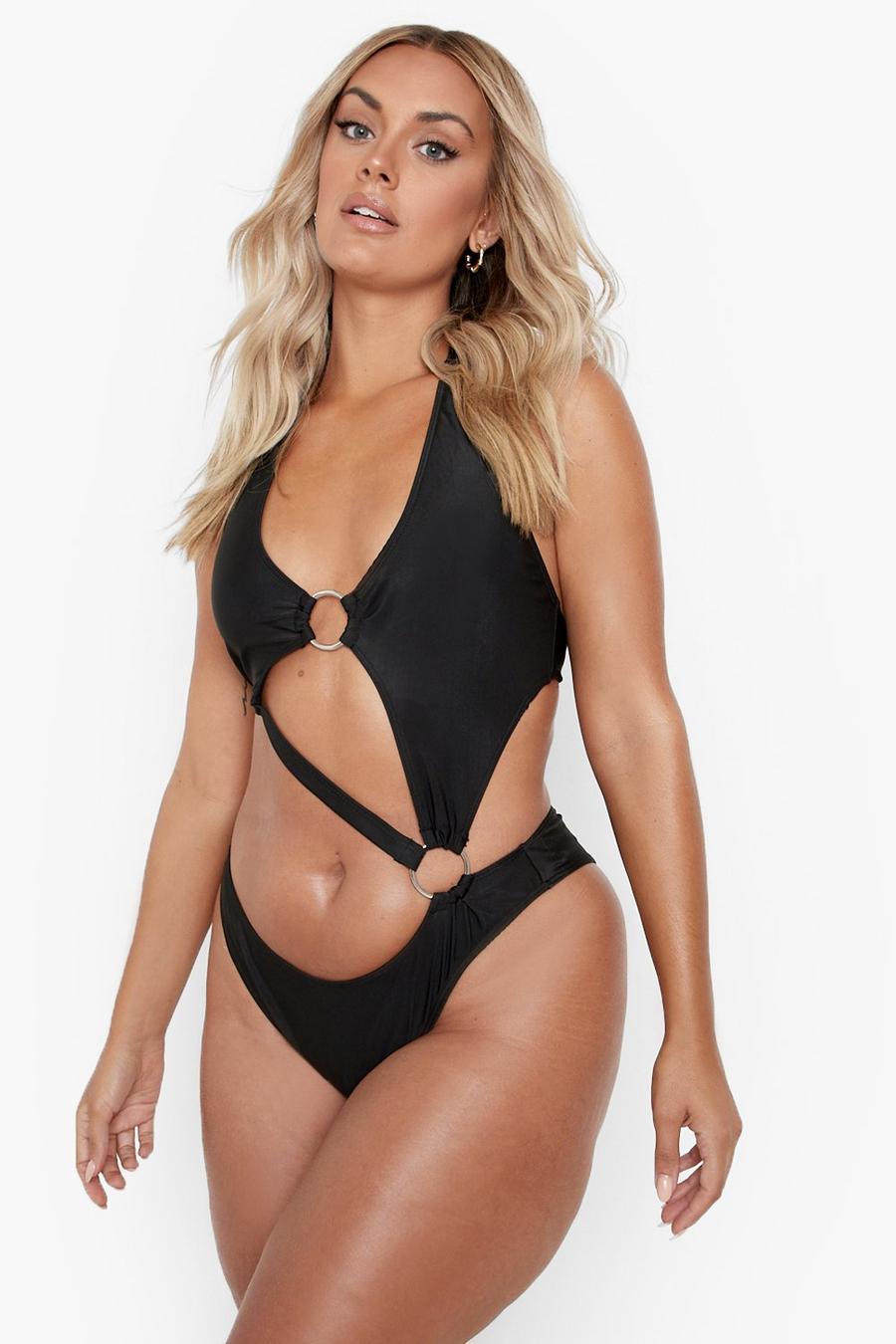 Black Plus Ring Cut Out Swimsuit image number 1