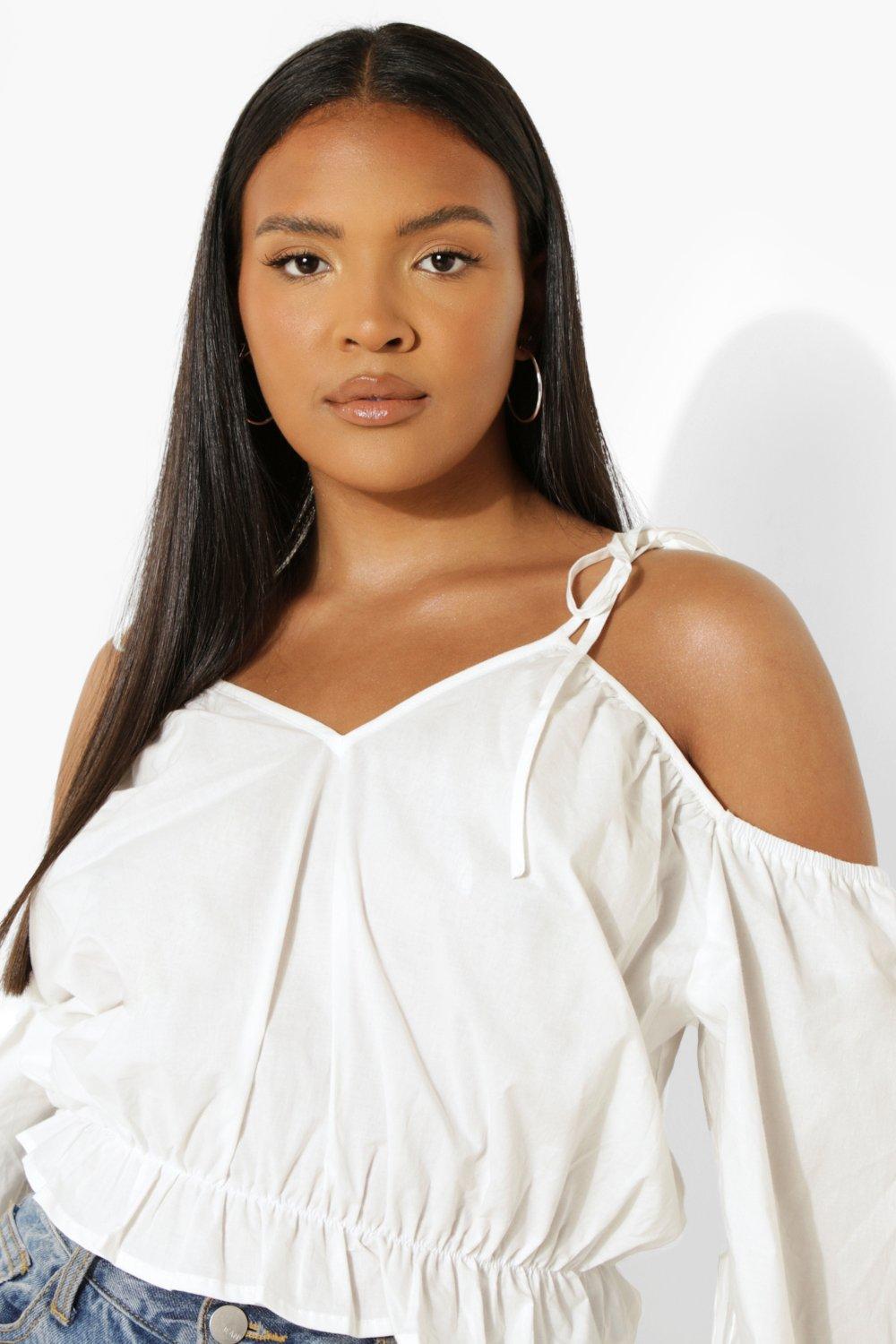 Plus Spot Mesh Sleeve Off Shoulder Top