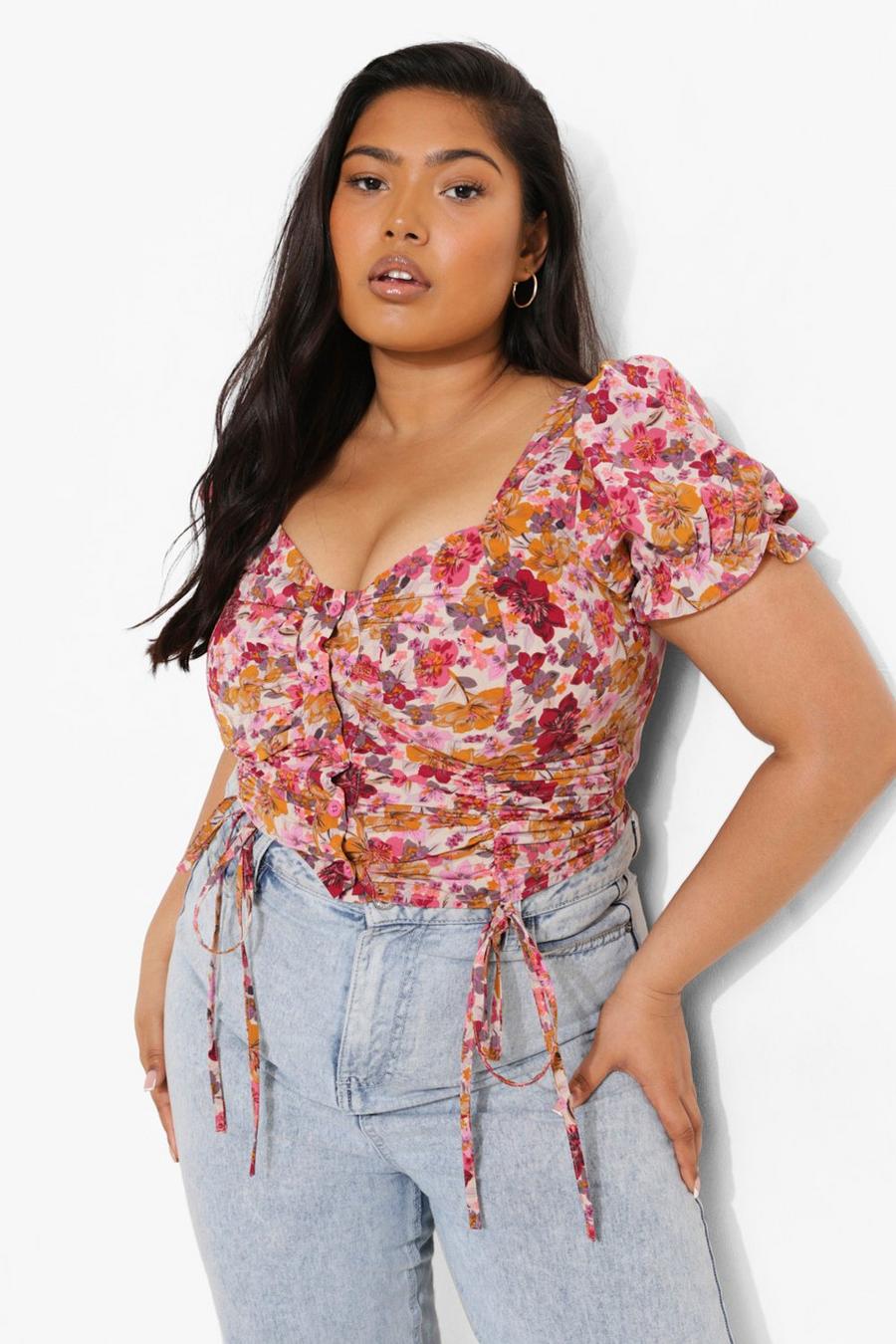 Pink Plus Floral Ruched Crop Blouse image number 1