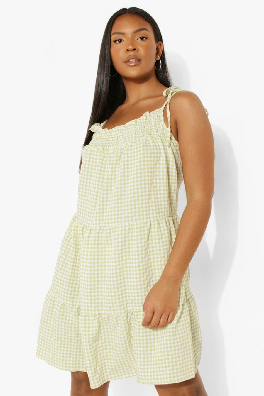 Light green Plus Gingham Tiered Swing Dress image number 1