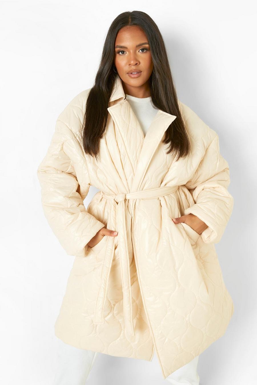 Stone beige Plus Quilted Collar Belted Puffer Jacket