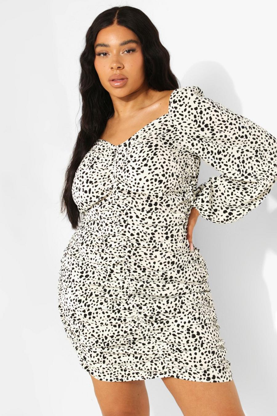 Ivory Plus Woven Animal Print Ruched Mini Dress image number 1