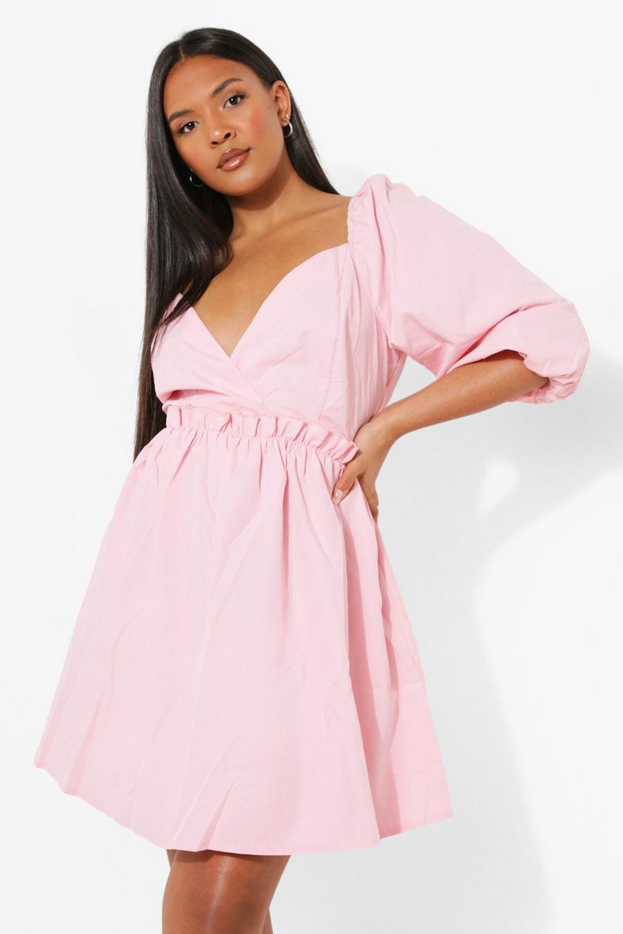Vestido Plus holgado de tela cruzado con mangas de globo, Light pink image number 1