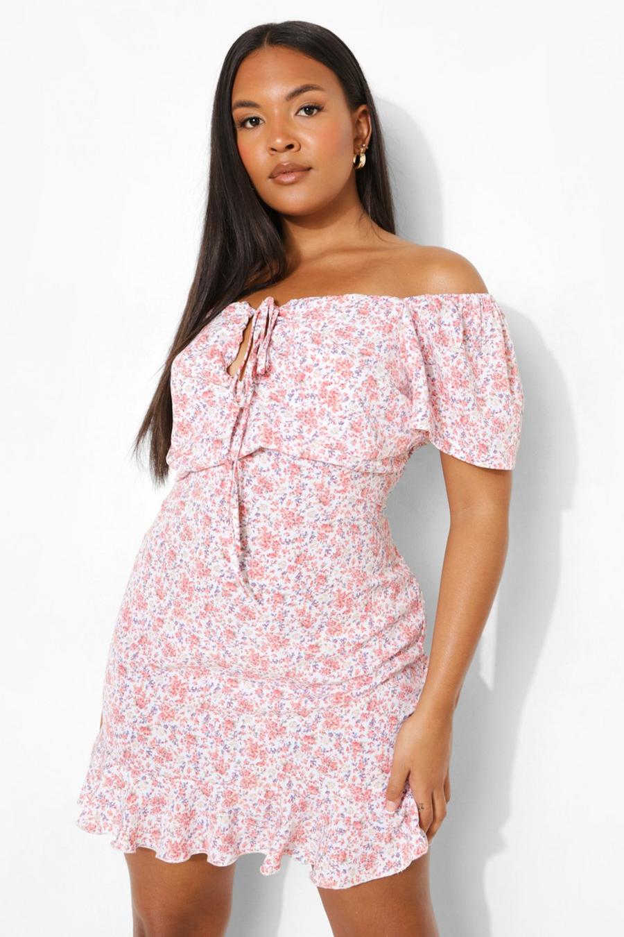 Coral pink Plus Woven Floral Tie Front Ruffle Sun Dress