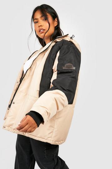 Plus Arm Detail Hooded Parka Coat stone