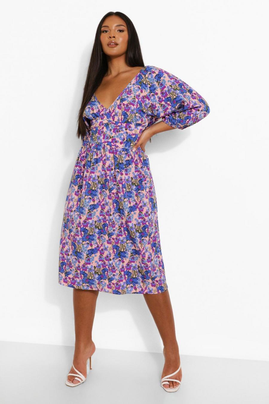 Blue Plus Woven Floral Puff Sleeve Midi Dress image number 1