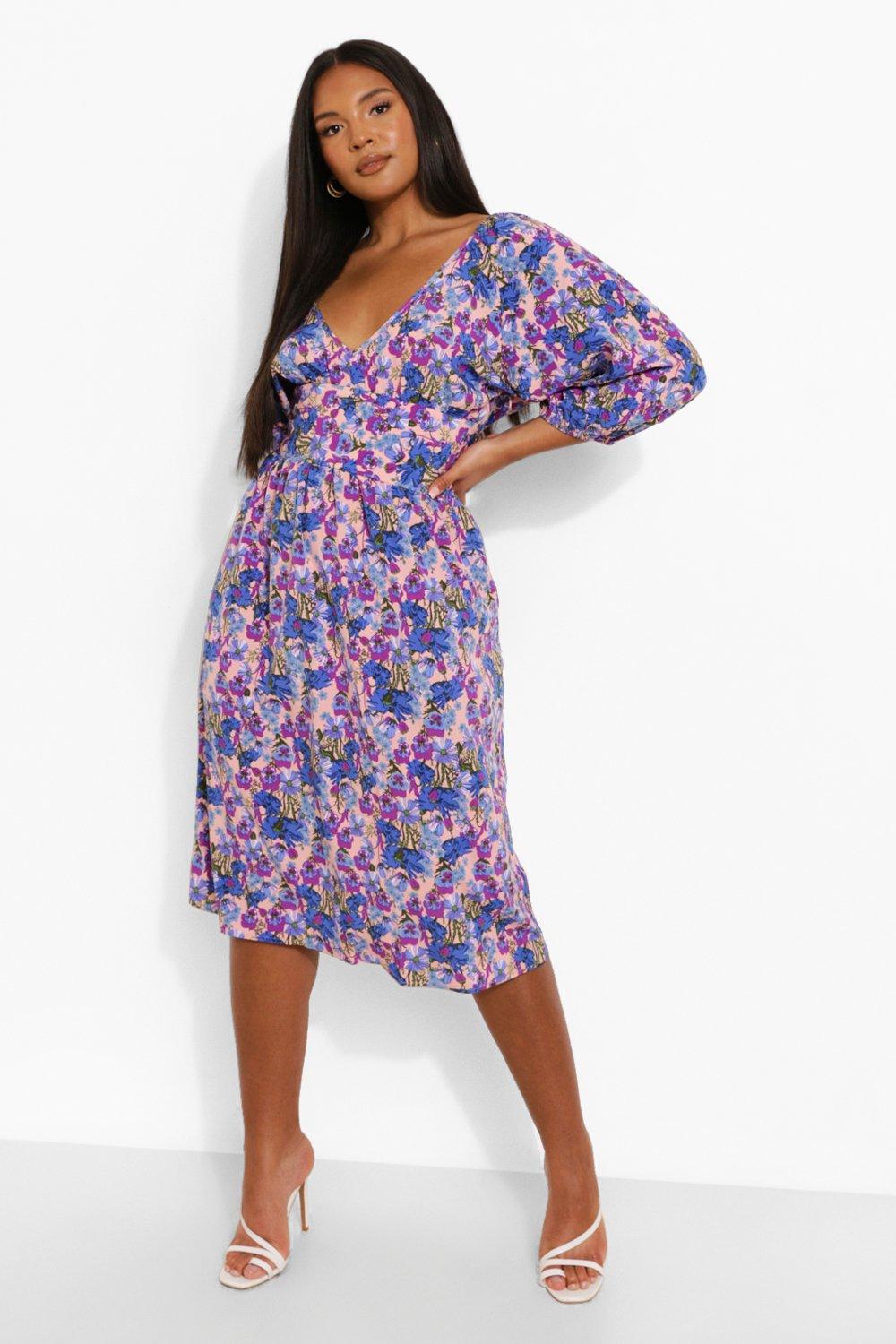 Plus Woven Floral Puff Sleeve Midi Dress