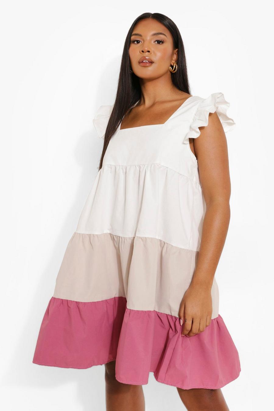 Pink Plus Colour Block Tiered Smock Dress image number 1