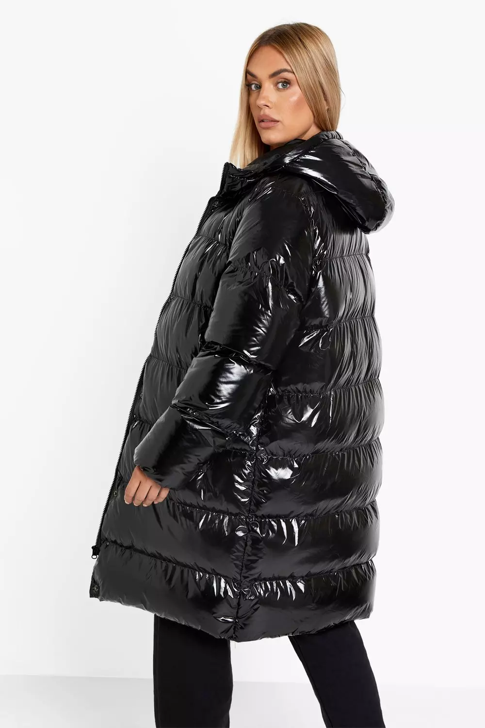 Long high cheap shine padded coat