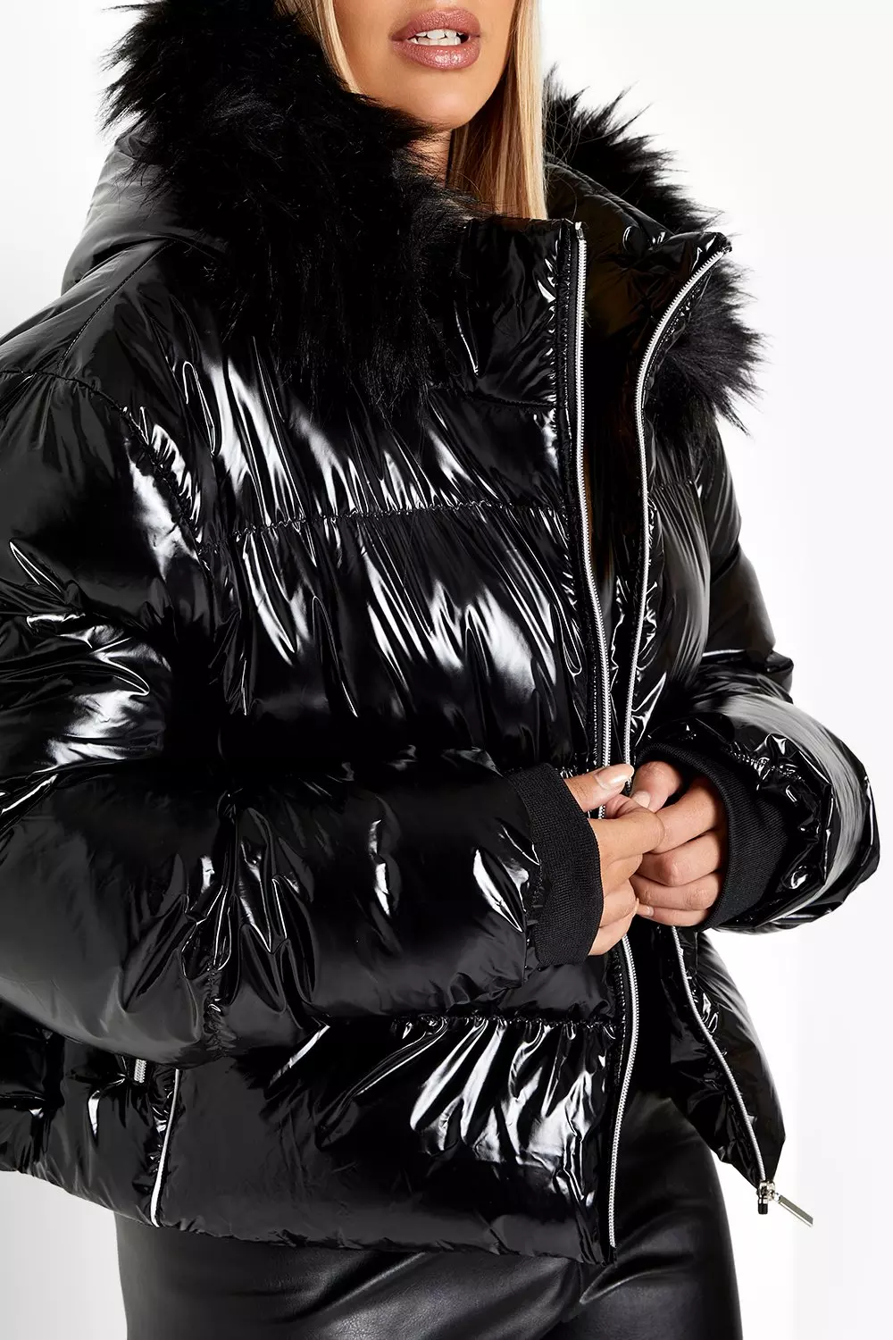 Black high shine faux fur trim padded jacket hotsell