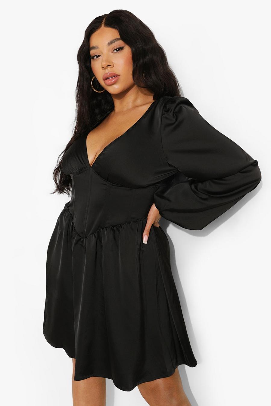 Grande taille - Robe patineuse satinée style corsage, Black image number 1