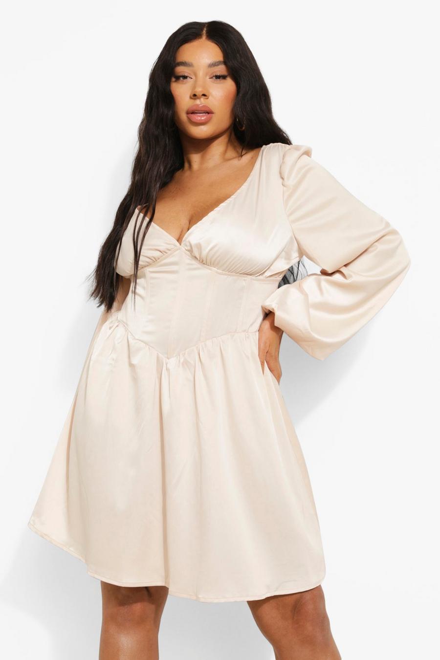 Grande taille - Robe patineuse satinée style corsage, Cream image number 1