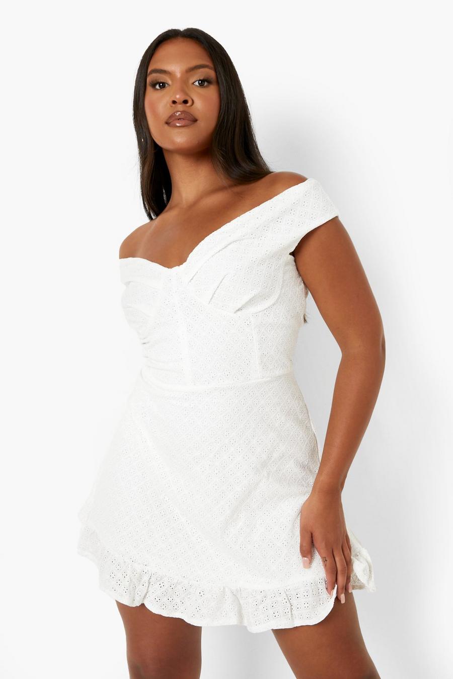 Grande taille - Robe courte à épaules dénudées style broderie, White image number 1