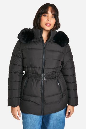 Plus Faux Fur Trim Belted Puffer Jacket black