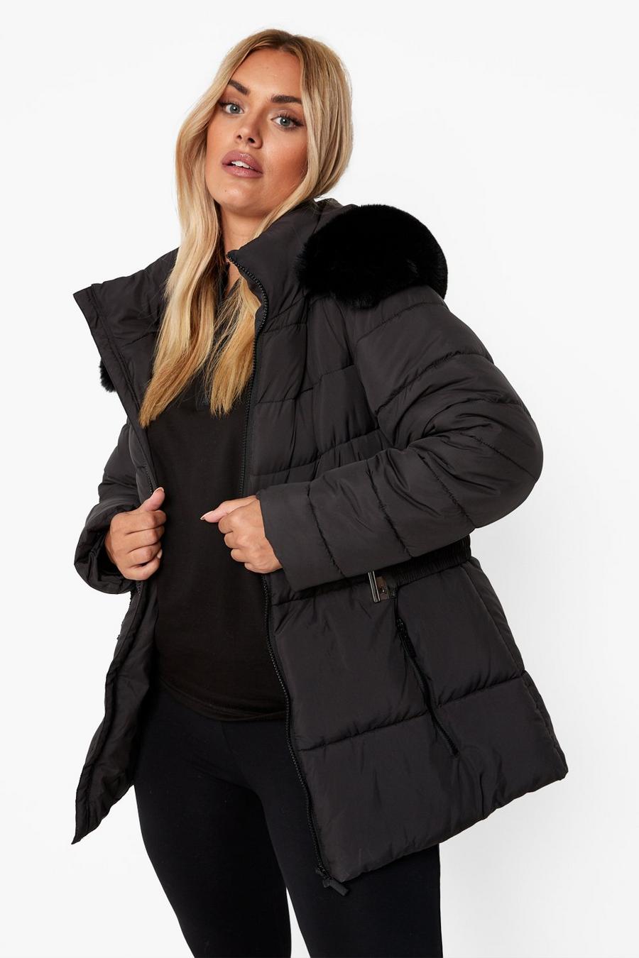 Women's Plus Faux Fur Trim Belted Puffer Jacket | Boohoo UK
