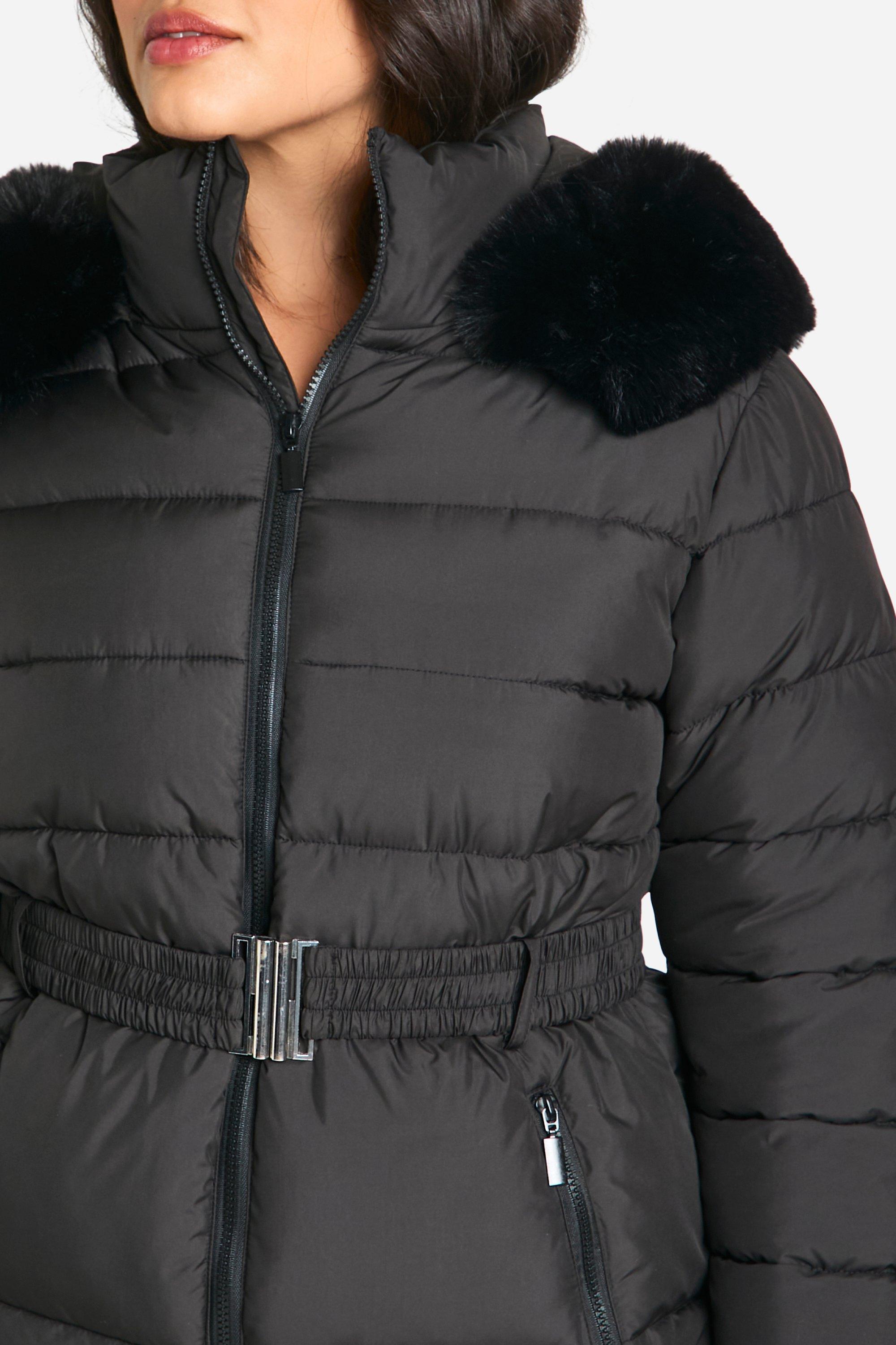 Boohoo padded coat with fur trim and waist detail in black sale