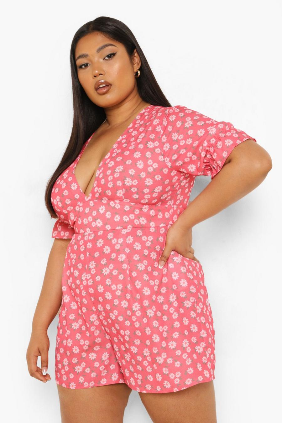 Red röd Plus Floral Puff Sleeve Plunge Playsuit