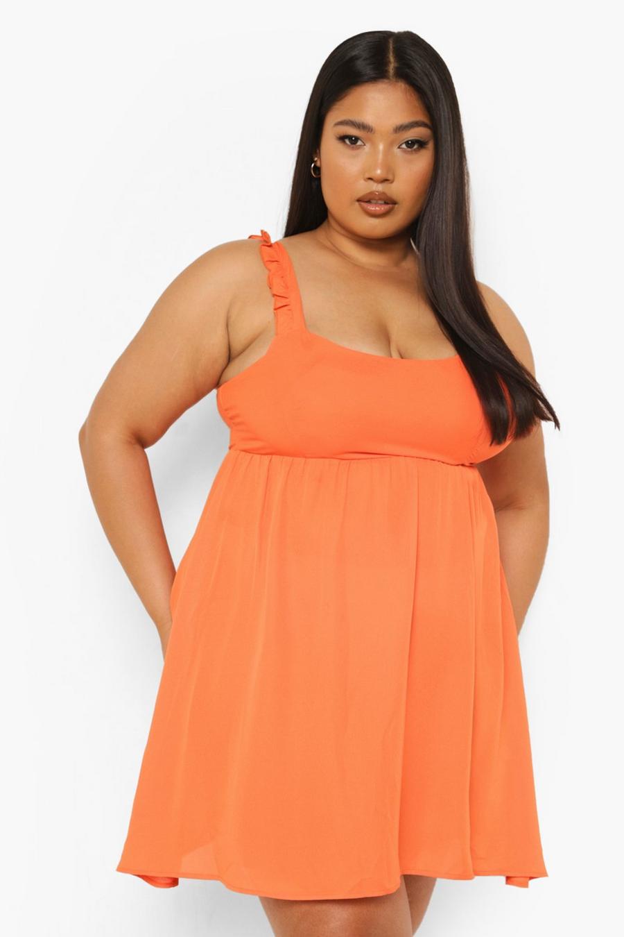 Plus Smok-Kleid mit Rüschenträgern, Orange image number 1