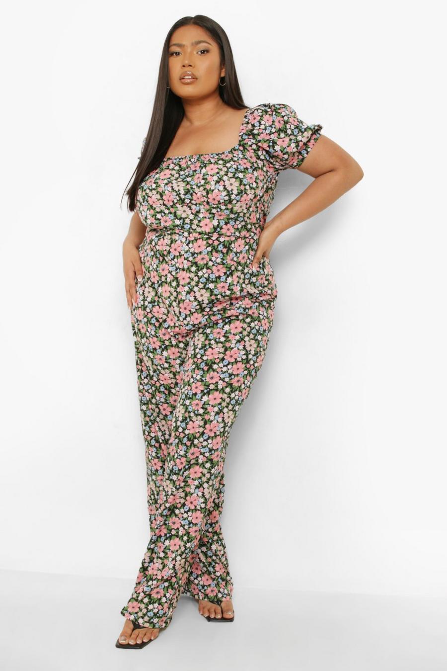 Black Plus Woven Floral Puff Sleeve Jumpsuit image number 1