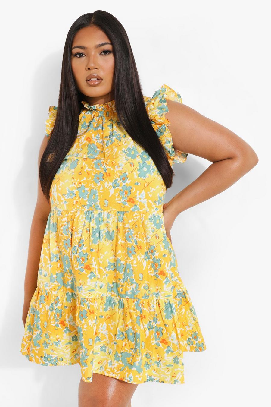 Yellow Plus Floral Print Ruffle Tiered Smock Dress image number 1