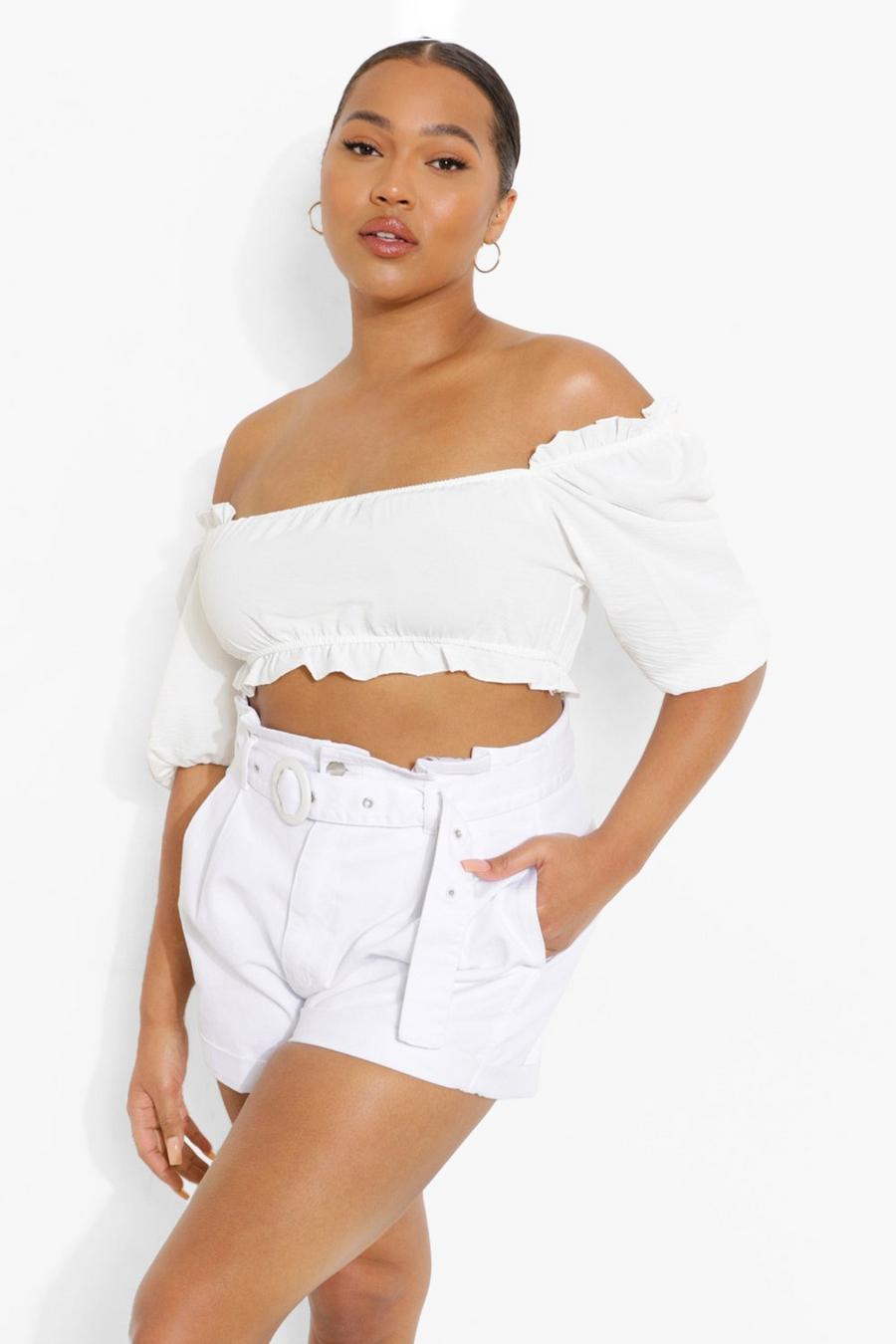 White Plus Belted Paperbag Jean Shorts image number 1