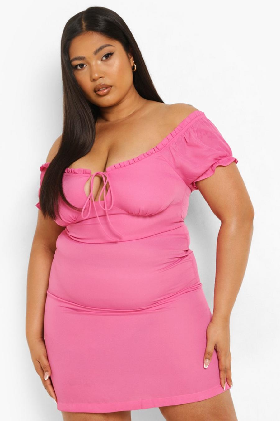 Pink Plus - Off shoulder-klänning med knytdetalj image number 1