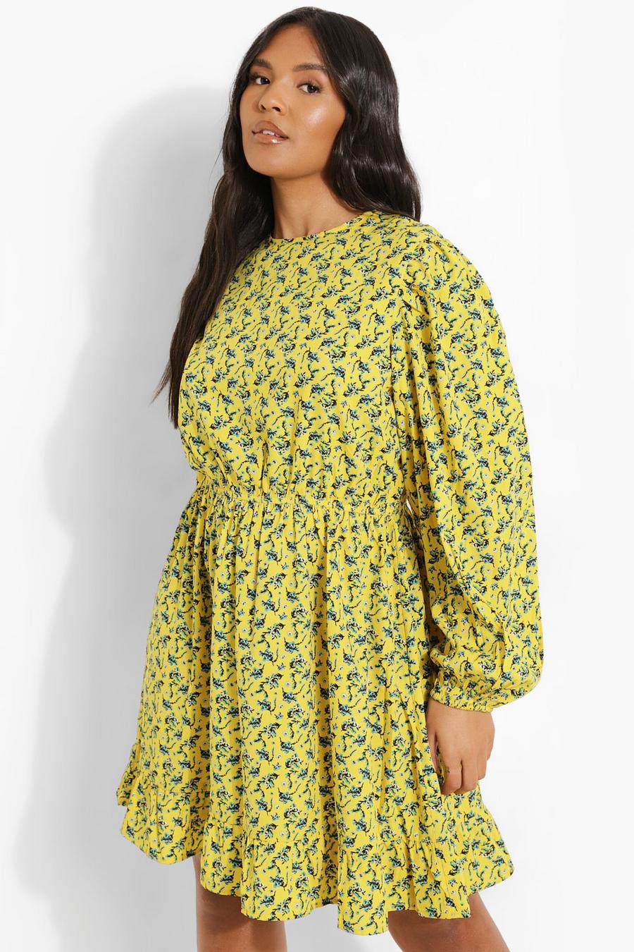 Yellow Plus Floral Skater Dress image number 1