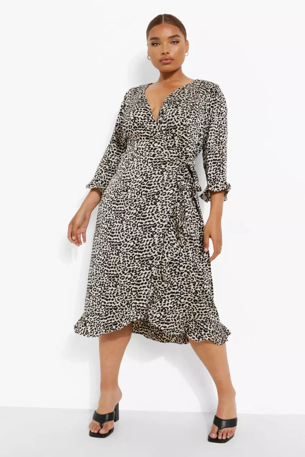 Leopard ruffle wrap dress hotsell