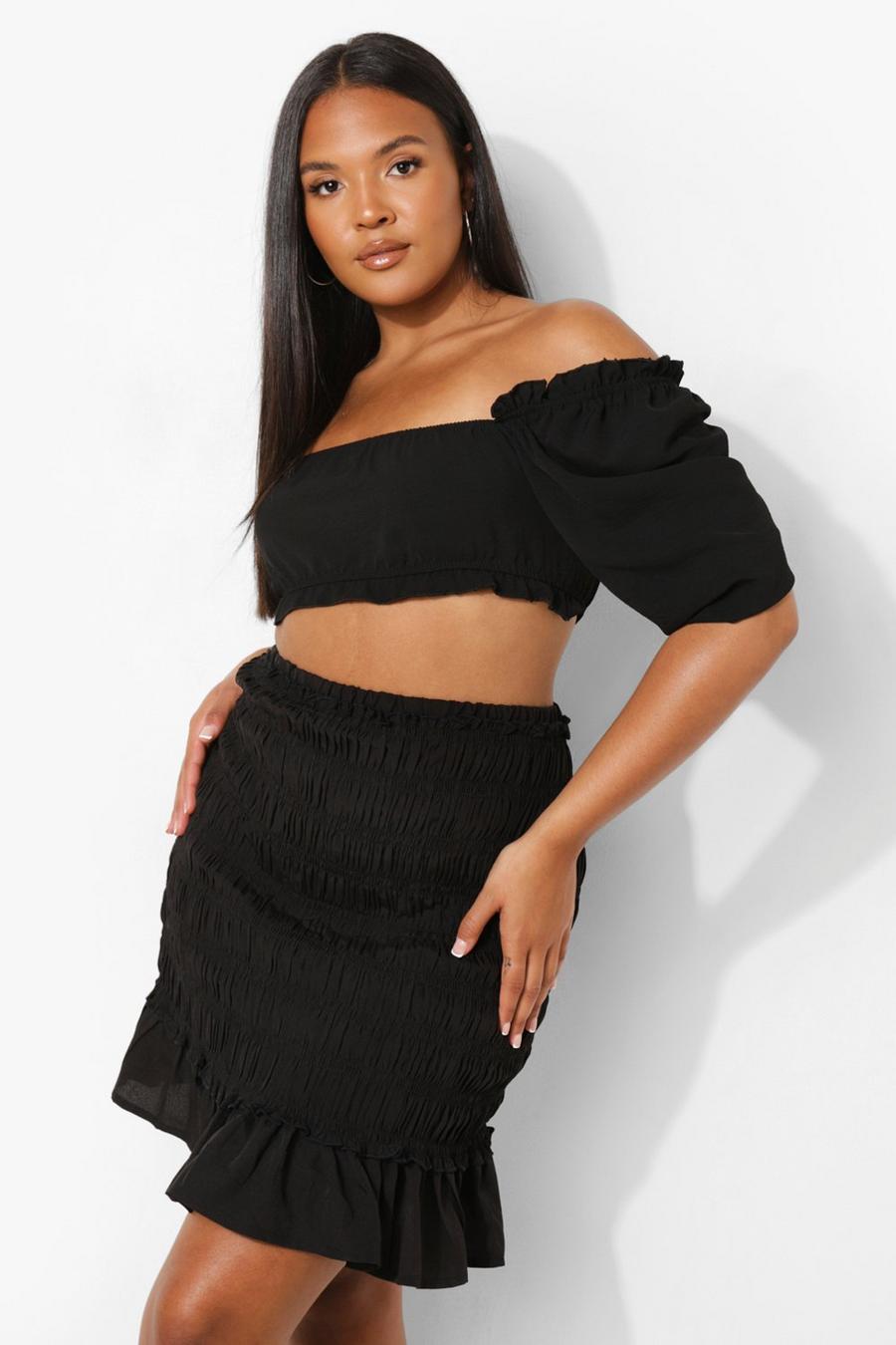 Black Plus Woven Shirred Mini Ruffle Skirt image number 1