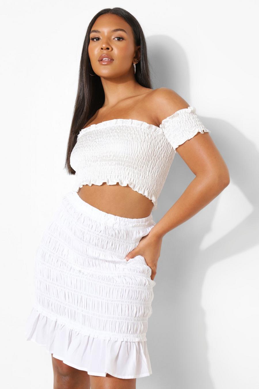 White Plus Woven Shirred Mini Ruffle Skirt image number 1