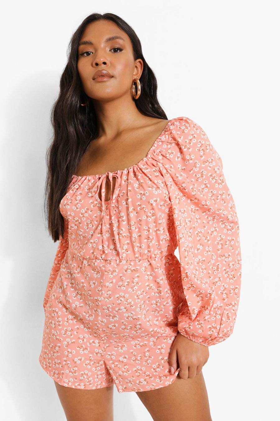 Coral Plus Ditsy Floral Tie Front Flippy Playsuit image number 1