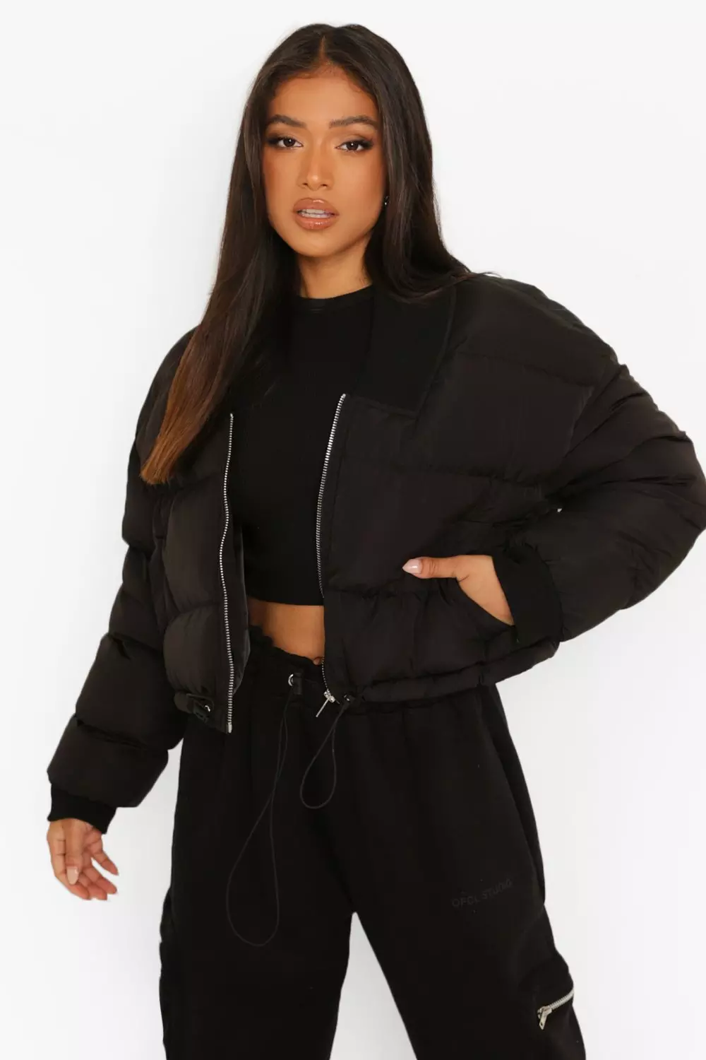 Cropped puffer store bomber jacket